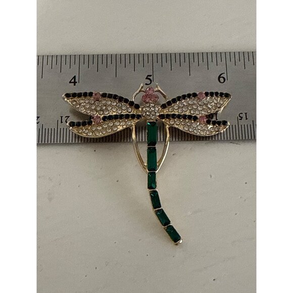 Crystal Rhinestone Dragonfly Brooch Green Tail - Picture 4 of 4